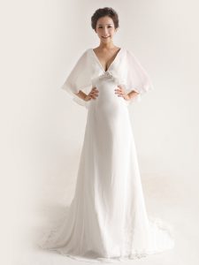 Fine White V-neck Zipper Ruching Wedding Dresses Brush Train Half Sleeves