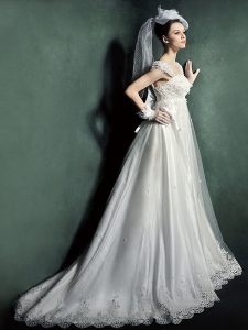 White Straps Neckline Beading and Lace and Appliques Wedding Gown Cap Sleeves Lace Up