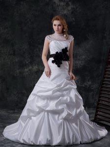 High Class White Wedding Dresses Taffeta Brush Train Cap Sleeves Beading and Ruching and Pick Ups and Hand Made Flower
