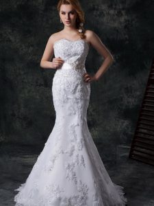 White Mermaid Sweetheart Sleeveless Lace Brush Train Lace Up Beading and Appliques and Bowknot and Belt Wedding Gown