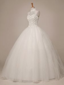 Popular Halter Top White A-line Beading Wedding Dresses Lace Up Tulle Sleeveless Floor Length
