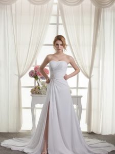 New Style Chiffon Sweetheart Sleeveless Court Train Lace Up Beading and Appliques and Ruching Wedding Dress in White