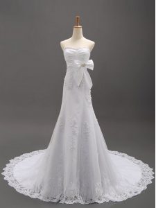 Brush Train Column/Sheath Bridal Gown White Sweetheart Organza Sleeveless With Train Lace Up