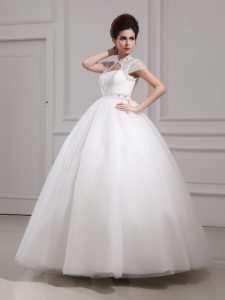 Halter Top Cap Sleeves Beading and Lace Lace Up Wedding Gowns