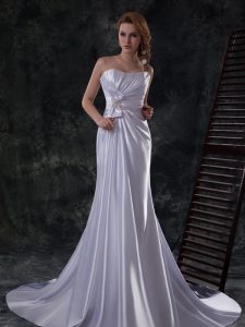 Pretty Sleeveless Elastic Woven Satin Brush Train Lace Up Wedding Dresses in Silver with Beading and Ruching and Bowknot