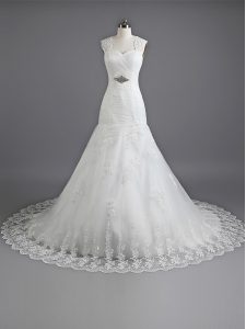 Mermaid White Lace Up Sweetheart Beading and Lace Wedding Gown Lace Sleeveless Chapel Train