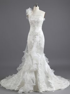 Free and Easy Mermaid White Lace Up Wedding Dresses Beading and Appliques and Ruffles Sleeveless With Train Chapel Train