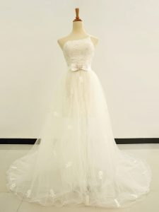 Brush Train A-line Wedding Dress White One Shoulder Tulle Sleeveless Lace Up