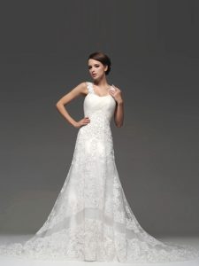 Straps Sleeveless Lace Wedding Dress Lace and Appliques Brush Train Lace Up