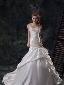 Comfortable Mermaid White Sweetheart Neckline Beading and Ruching Wedding Dress Sleeveless Lace Up
