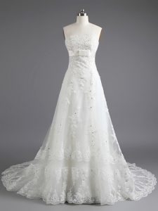 White Sleeveless Court Train Beading and Lace With Train Wedding Gown