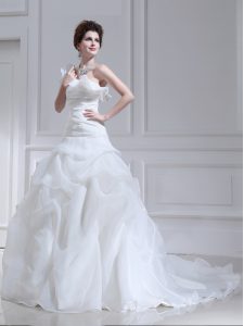 Fitting One Shoulder White A-line Ruffles and Ruching and Pick Ups Wedding Gowns Lace Up Organza and Tulle Sleeveless Wi