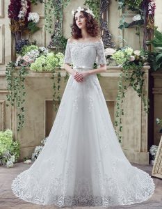 White Off The Shoulder Lace Up Lace and Appliques and Bowknot Wedding Gown Court Train Short Sleeves