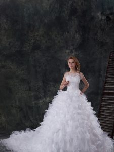 Dramatic Scoop Ball Gowns Sleeveless White Bridal Gown Chapel Train Lace Up