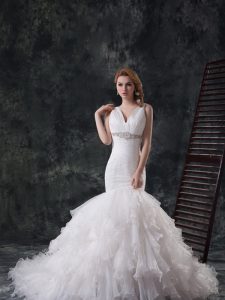 Comfortable Mermaid White Organza Lace Up Wedding Gowns Sleeveless Brush Train Beading and Ruffles