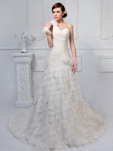 Ruffled White Wedding Gown One Shoulder Sleeveless Brush Train Lace Up