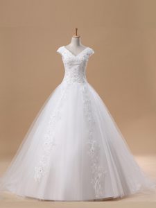 White Short Sleeves Tulle Brush Train Lace Up Wedding Gowns for Wedding Party