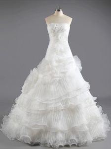 Excellent Strapless Sleeveless Wedding Dress With Train Court Train Ruffled Layers White Organza