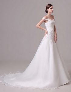 Sweet Off the Shoulder A-line Sleeveless White Wedding Dresses Court Train Clasp Handle
