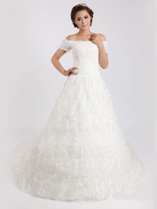 Great Off the Shoulder White Lace Up Wedding Dresses Lace Short Sleeves With Train Court Train