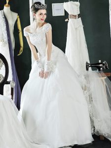 Fabulous Off the Shoulder Cap Sleeves Beading and Lace and Appliques Lace Up Wedding Dress