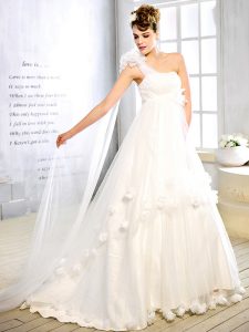 One Shoulder Sleeveless Bridal Gown With Brush Train Sashes ribbons and Hand Made Flower White Tulle