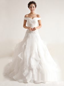 Hot Sale Off the Shoulder White Zipper Wedding Dress Beading and Ruffles Sleeveless With Train Court Train
