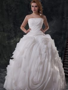 Cheap Strapless Sleeveless Brush Train Lace Up Wedding Gown White Organza