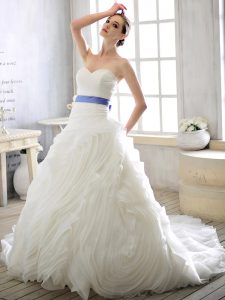 Beauteous Sweetheart Sleeveless Bridal Gown With Train Court Train Sashes ribbons White Organza