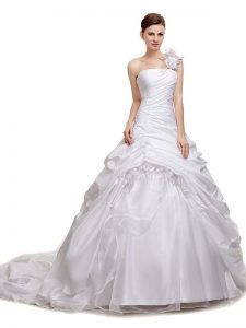 White A-line Organza and Taffeta and Tulle Strapless Sleeveless Ruching and Pick Ups With Train Lace Up Wedding Gown Cou