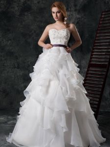 Dazzling White Wedding Gown Organza Brush Train Sleeveless Ruffled Layers