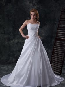 White Taffeta Lace Up Sweetheart Sleeveless Wedding Dress Brush Train Ruching