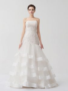High End Sleeveless Tulle Brush Train Lace Up Wedding Dress in White with Beading and Appliques and Ruffled Layers