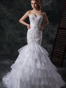 Affordable Mermaid Sleeveless Brush Train Lace Up Beading and Appliques and Ruffles Wedding Gowns