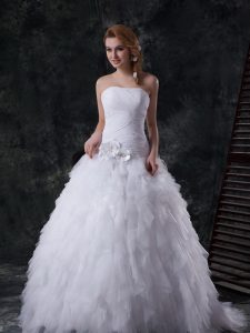 Dramatic With Train White Bridal Gown Tulle Brush Train Sleeveless Beading and Ruffles and Ruching and Hand Made Flower