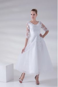 White A-line Scoop Sleeveless Tulle and Lace Ankle Length Lace Up Lace and Appliques Wedding Gown