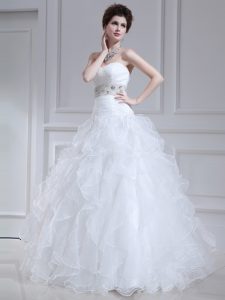 Floor Length Lace Up Wedding Dresses White for Wedding Party with Beading and Ruffles