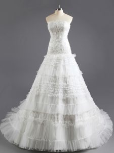 Strapless Sleeveless Wedding Dresses With Train Court Train Beading and Appliques and Ruffled Layers White Organza