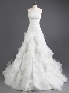 White Organza Lace Up Wedding Gown Sleeveless With Train Court Train Beading and Ruffles