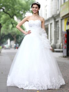 Shining White A-line Tulle and Lace Sweetheart Sleeveless Sequins Floor Length Lace Up Wedding Dresses