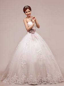 Affordable Sequins White Wedding Dresses Wedding Party and For with Lace and Appliques and Ruching and Belt Sweetheart S