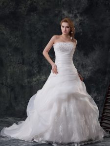 Great Sleeveless Organza With Brush Train Zipper Wedding Gown in White with Beading and Appliques and Ruching and Pick U
