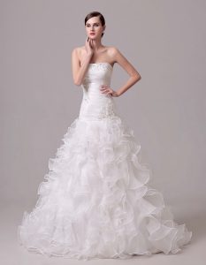 High Quality White Column/Sheath Organza Strapless Sleeveless Beading and Appliques and Ruffles and Ruching With Train L