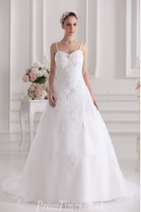 Spectacular White A-line Tulle and Lace Spaghetti Straps Sleeveless Beading and Lace and Appliques Zipper Wedding Dress 