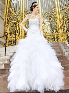 Column/Sheath Wedding Dress White Sweetheart Tulle Sleeveless Floor Length Zipper