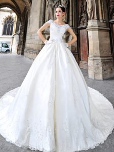 Smart White Satin Side Zipper Off The Shoulder Cap Sleeves Wedding Dress Cathedral Train Beading and Lace and Appliques
