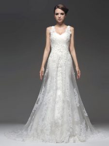 Smart White Zipper Straps Lace and Appliques Bridal Gown Chiffon Sleeveless Brush Train