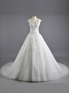 Court Train A-line Wedding Dresses White Straps Tulle and Lace Cap Sleeves Floor Length Lace Up