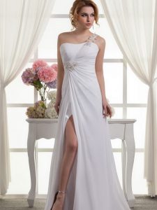 One Shoulder Beading and Ruching Wedding Dresses White Lace Up Sleeveless