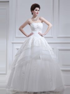 Hot Sale Sleeveless Floor Length Beading and Appliques and Ruffled Layers Lace Up Wedding Gowns with White
